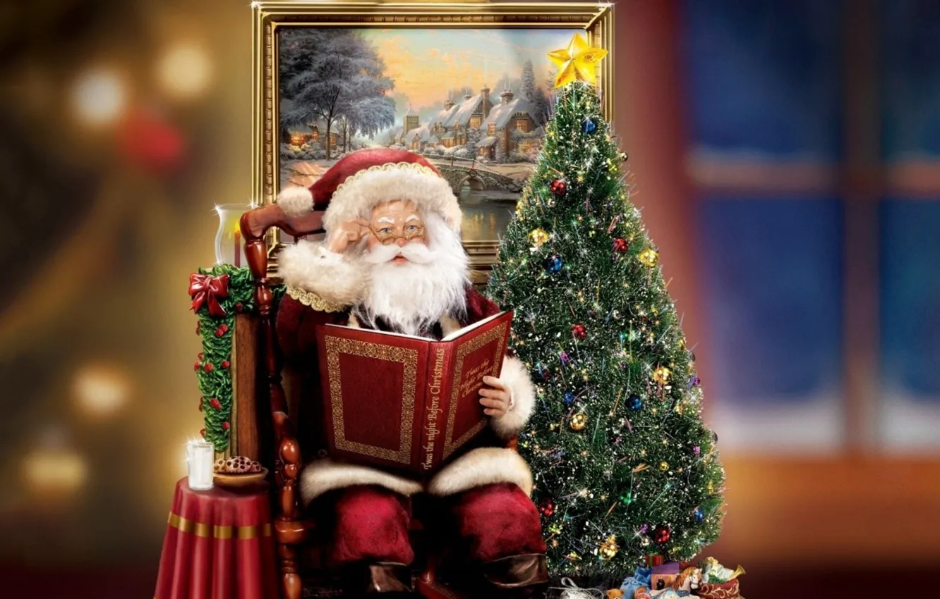 Фото обои украшения, праздник, подарок, елка, свеча, картина, Рождество, книга