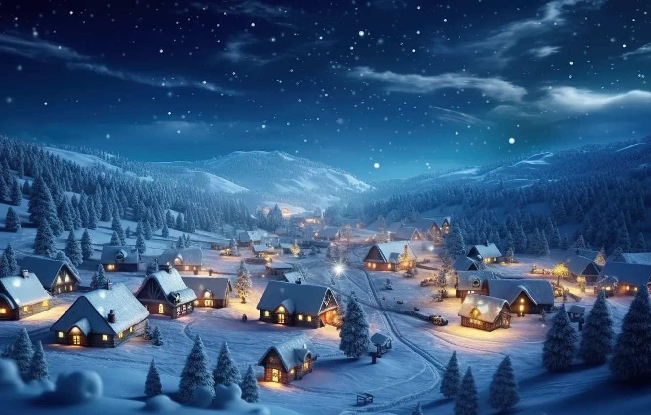 Фото обои зима, снег, ночь, Новый Год, деревня, Рождество, домики, house