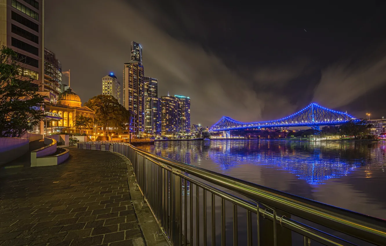 Фото обои ночь, огни, река, небоскребы, Австралия, мегаполис, Брисбен, Квинсленд