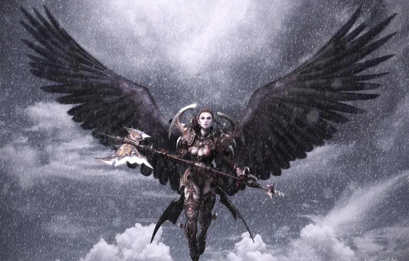 Фото обои девушка, облака, снег, крылья, доспехи, воительница, Aion, секира