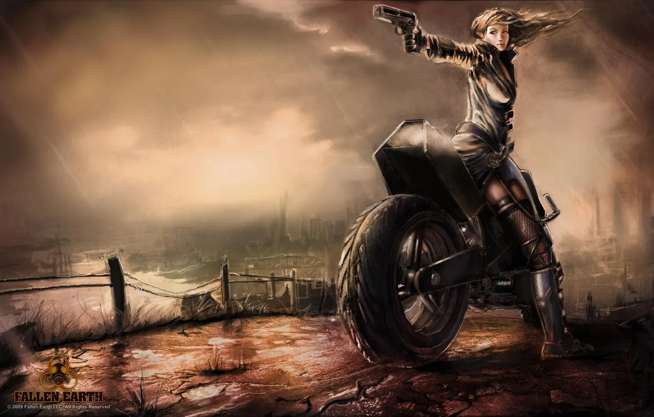 Фото обои девушка, игра, мотоцикл, Fallen Earth, сумерки. дождь