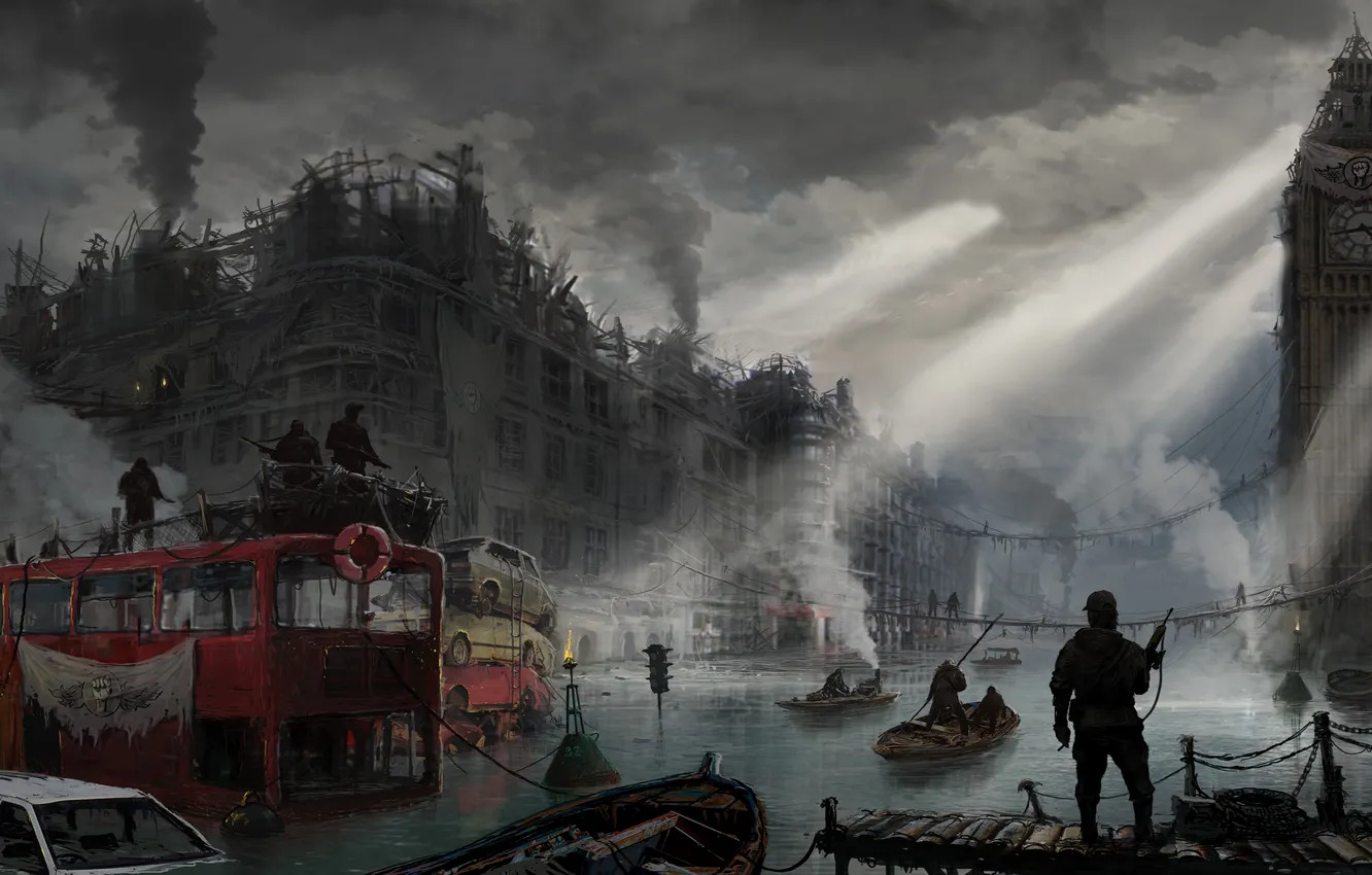 Фото обои river, big ben, London, England, United Kingdom, post-apocalyptic