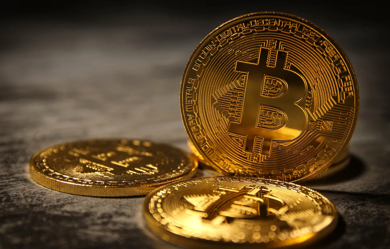 Фото обои деньги, монеты, боке, крупным планом, Bitcoin, биткоин