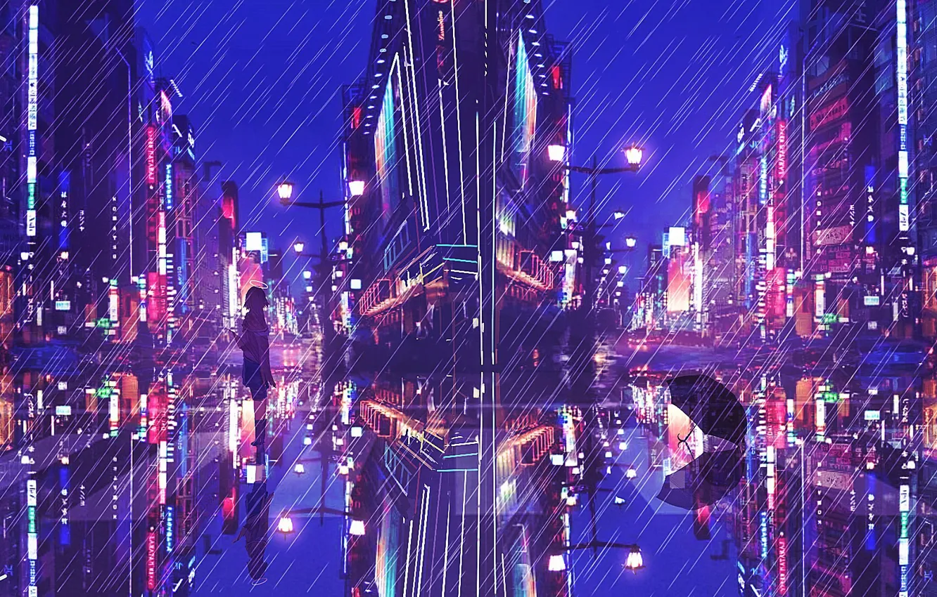 Фото обои девушка, город, дождь, зонт, нимб