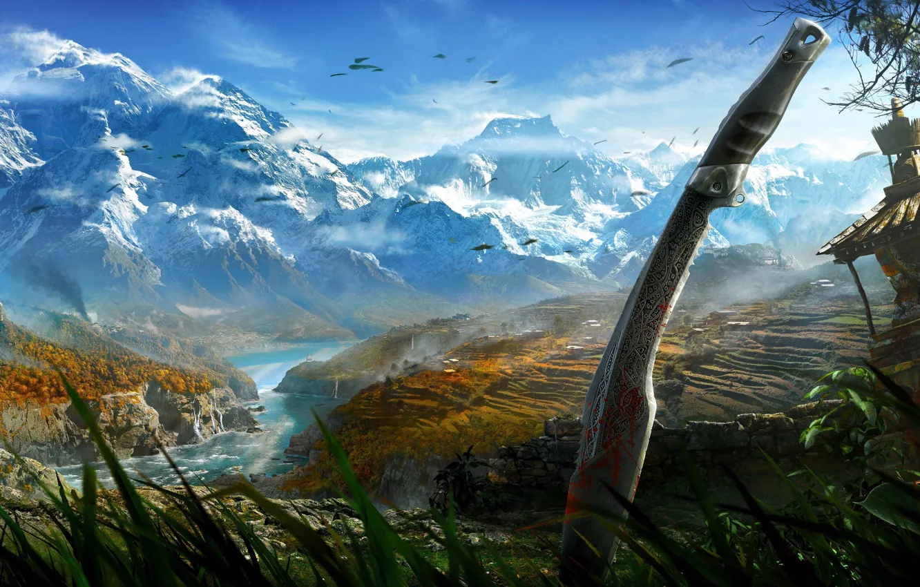 Фото обои горы, птицы, природа, меч, Far Cry 4