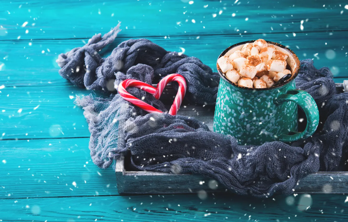 Фото обои зима, горячий, шоколад, шарф, конфеты, поднос, зефир