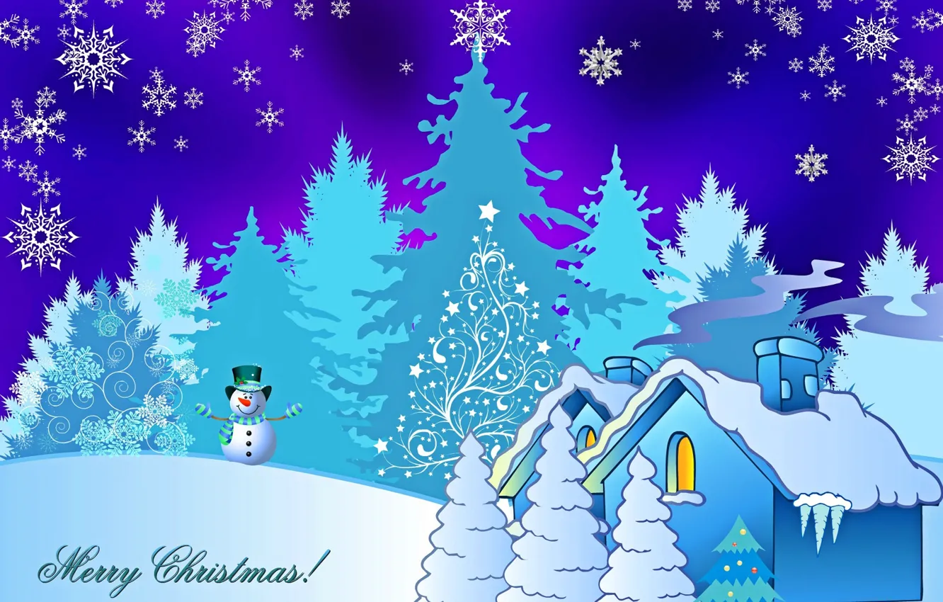 Фото обои зима, снег, дом, праздник, елка, Рождество, снеговик, снежинка
