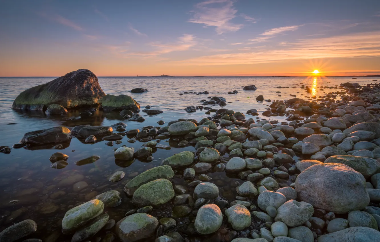 Фото обои море, закат, камни, побережье, Швеция, Sweden