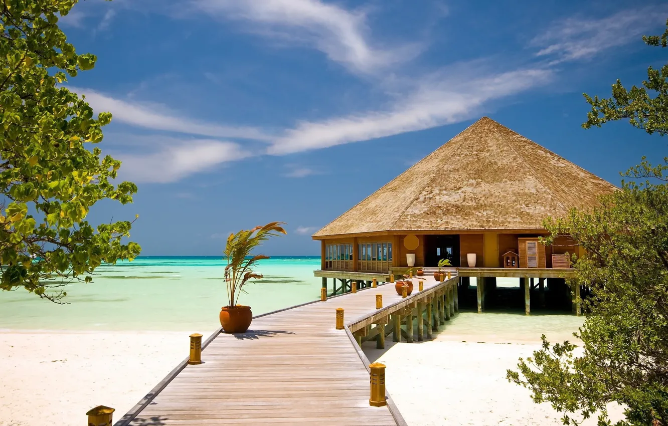 Фото обои пляж, мост, океан, причал, Мальдивы, лагуна, Maldives, water villa