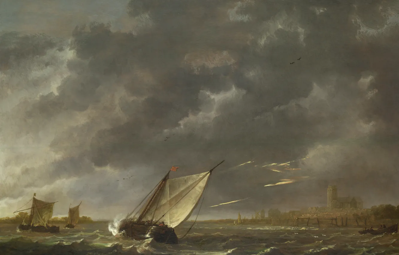 Фото обои пейзаж, картина, парус, Альберт Кёйп, Aelbert Cuyp, "Маас" в Дордрехте в бурю