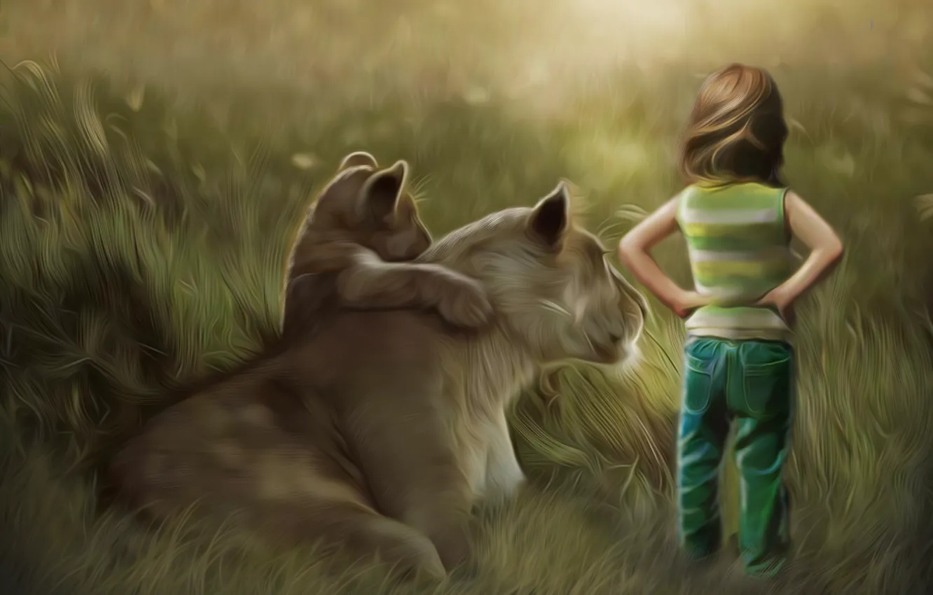 Фото обои трава, ребенок, лев, арт, львица, детеныш, спиной, львёнок