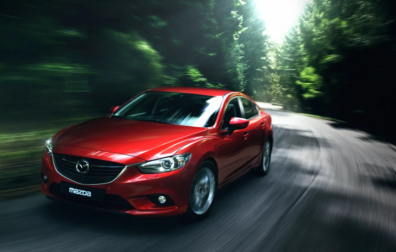 Фото обои car, Mazda 6, Green, Road, Sedan, Motion, Blur, 2014