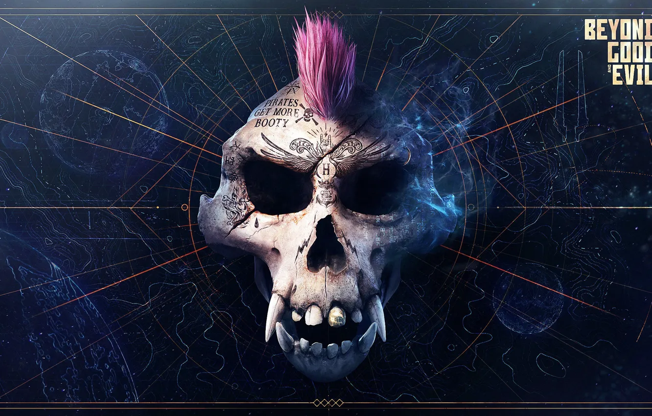 Фото обои monkey, tatoo, map, scull, dark background, Beyond Good & Evil 2, mohawk