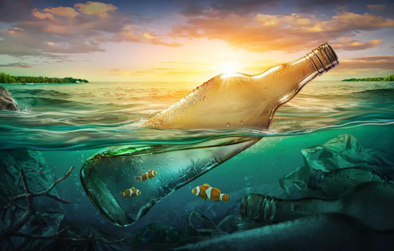 Фото обои море, рыбки, мусор, океан, бутылка, загрязнение, sea, ocean