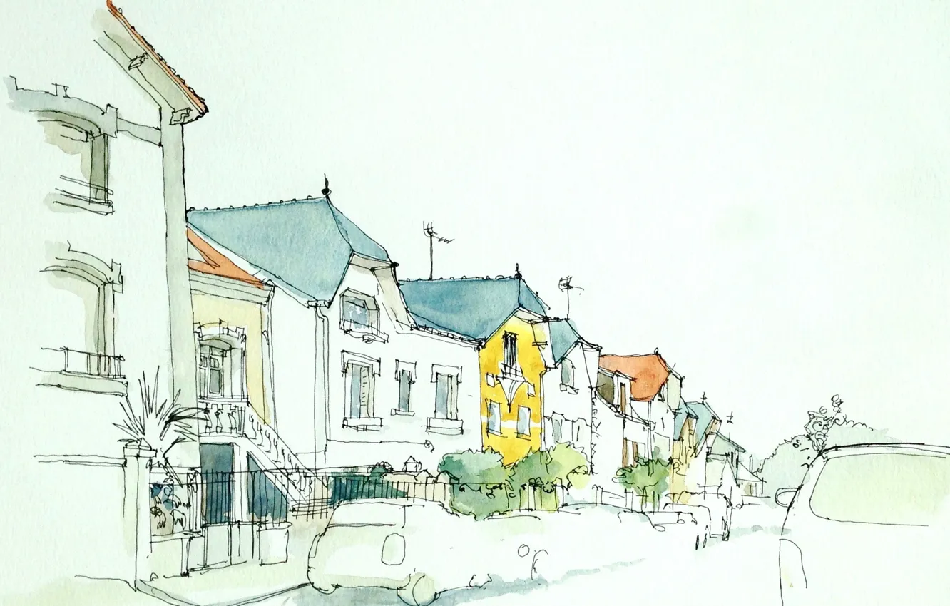 Фото обои город, улица, рисунок, дома, акварель, автомобиль