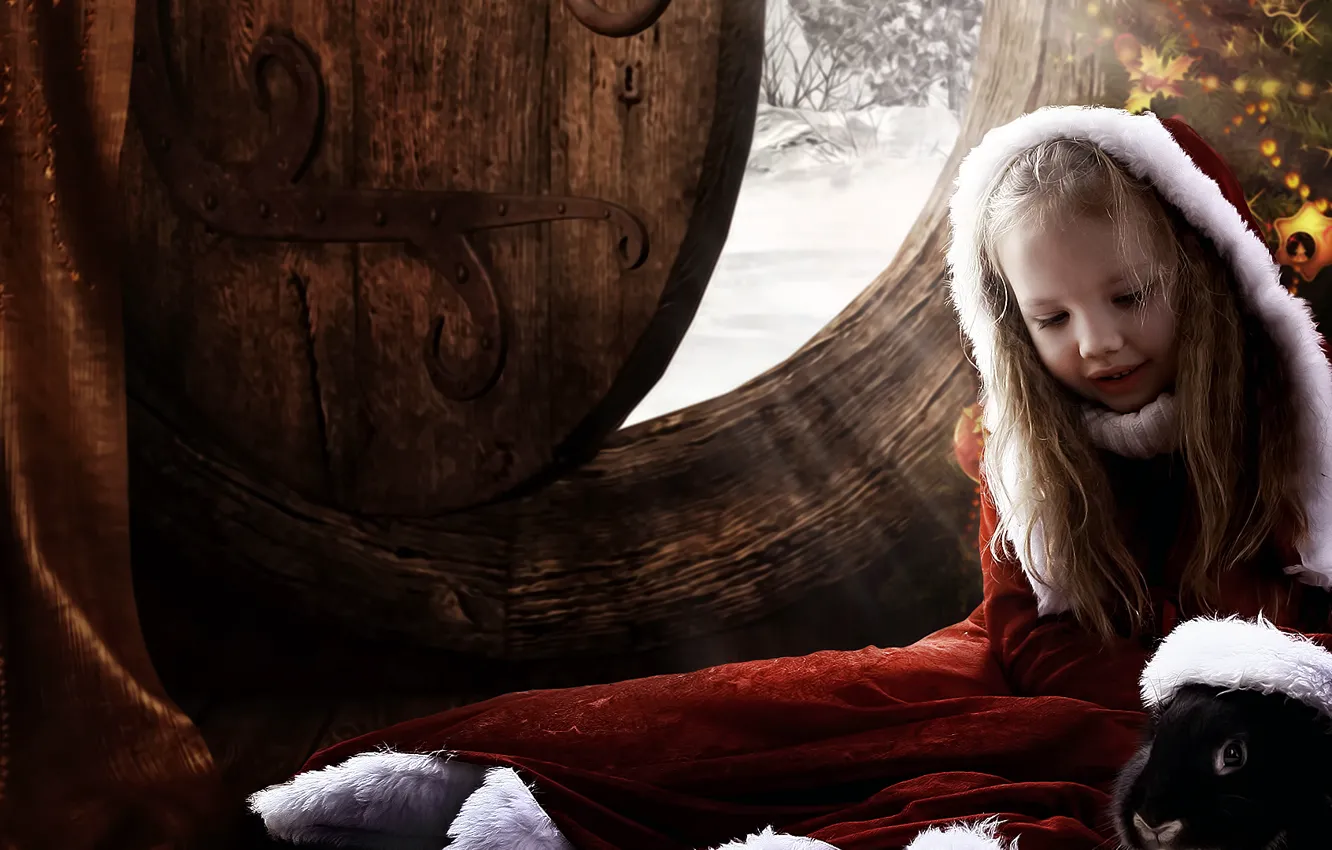 Фото обои зима, фантастика, настроение, черный, ребенок, рождество, кролик, дверь