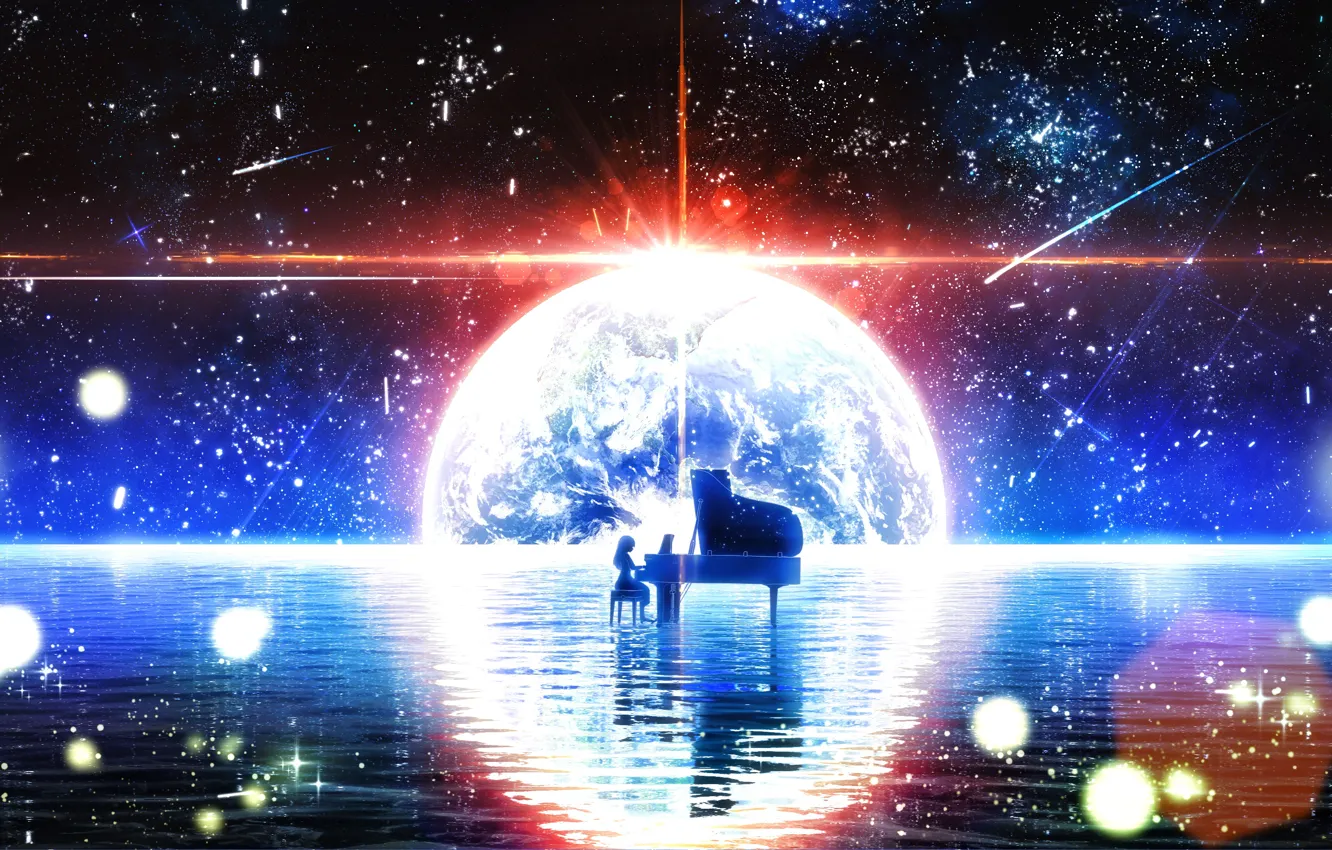 Фото обои вода, девушка, космос, ночь, луна, фэнтези, пианино