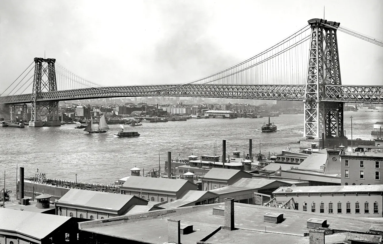 Фото обои мост, ретро, река, Нью-Йорк, США, 1904-й год