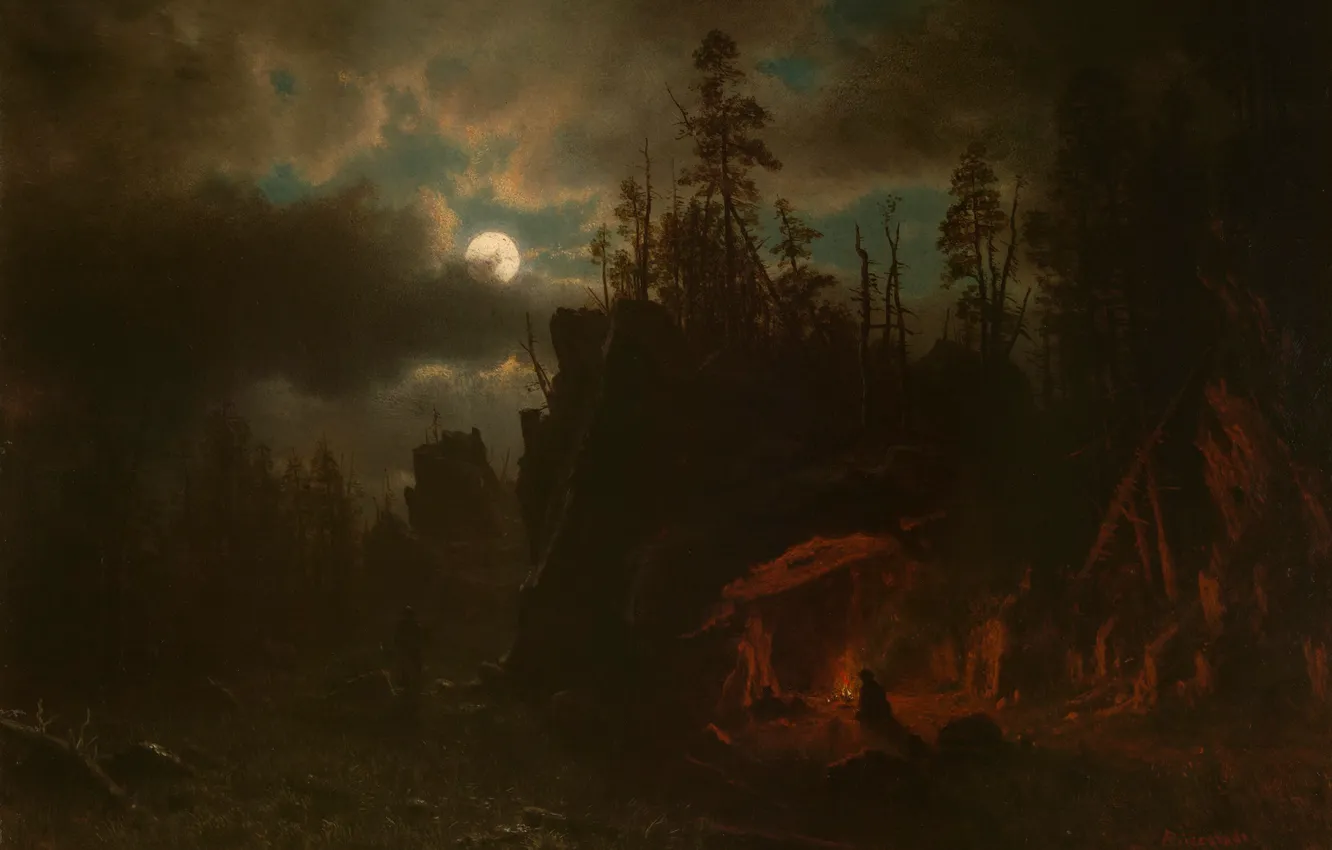 Фото обои пейзаж, ночь, картина, Луна, Альберт Бирштадт, Лагерь Охотников