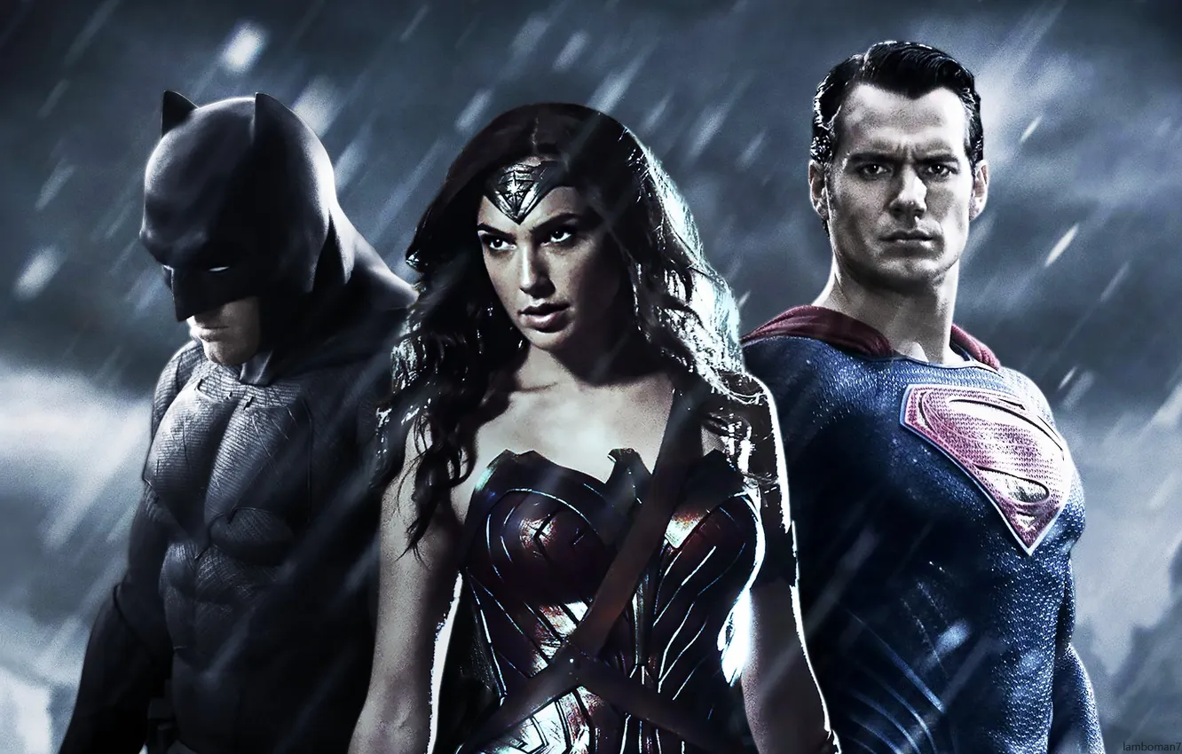 Фото обои Batman, Superman, wonder woman, diana, Trinity, Henry Cavill, Gal Gadot, Ben Affleck