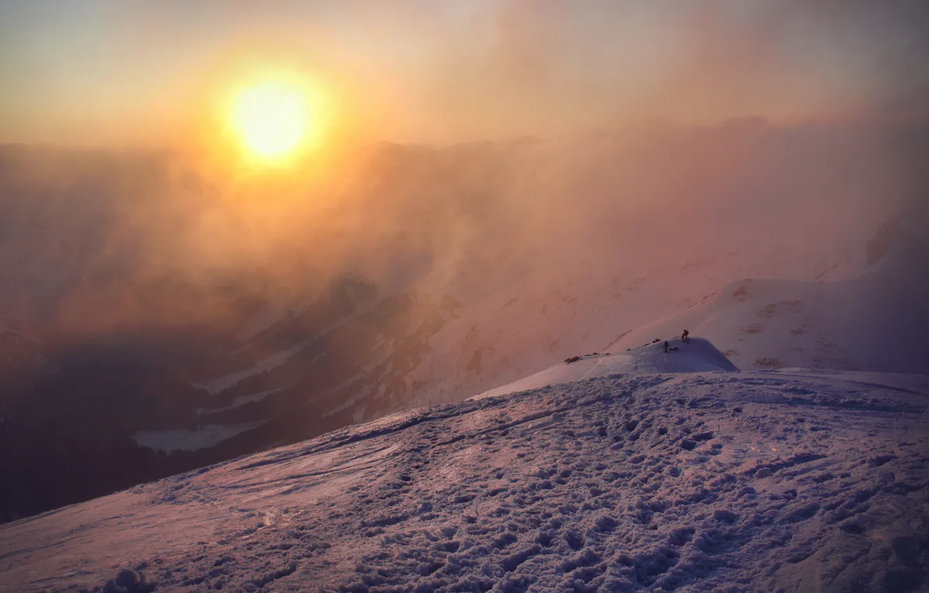 Фото обои холод, лед, солнце, снег, горы, люди, высота, ледник