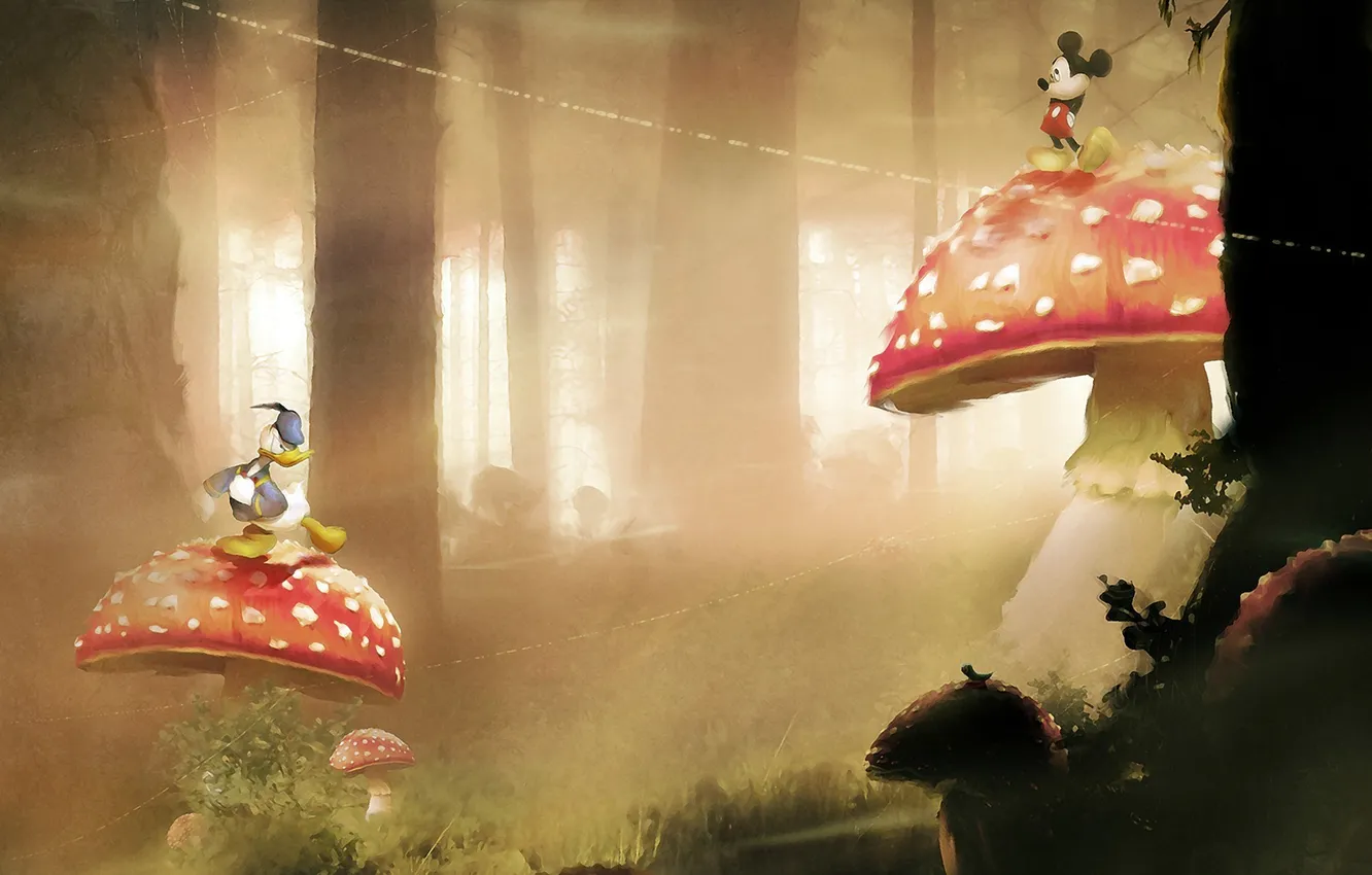 Фото обои лес, трава, деревья, грибы, мультфильм, мухоморы, Disney, Mickey Mouse