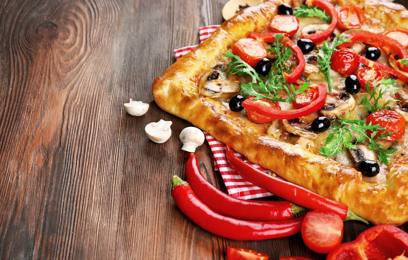 Фото обои грибы, сыр, перец, пицца, оливки, pizza, cheese, pepper