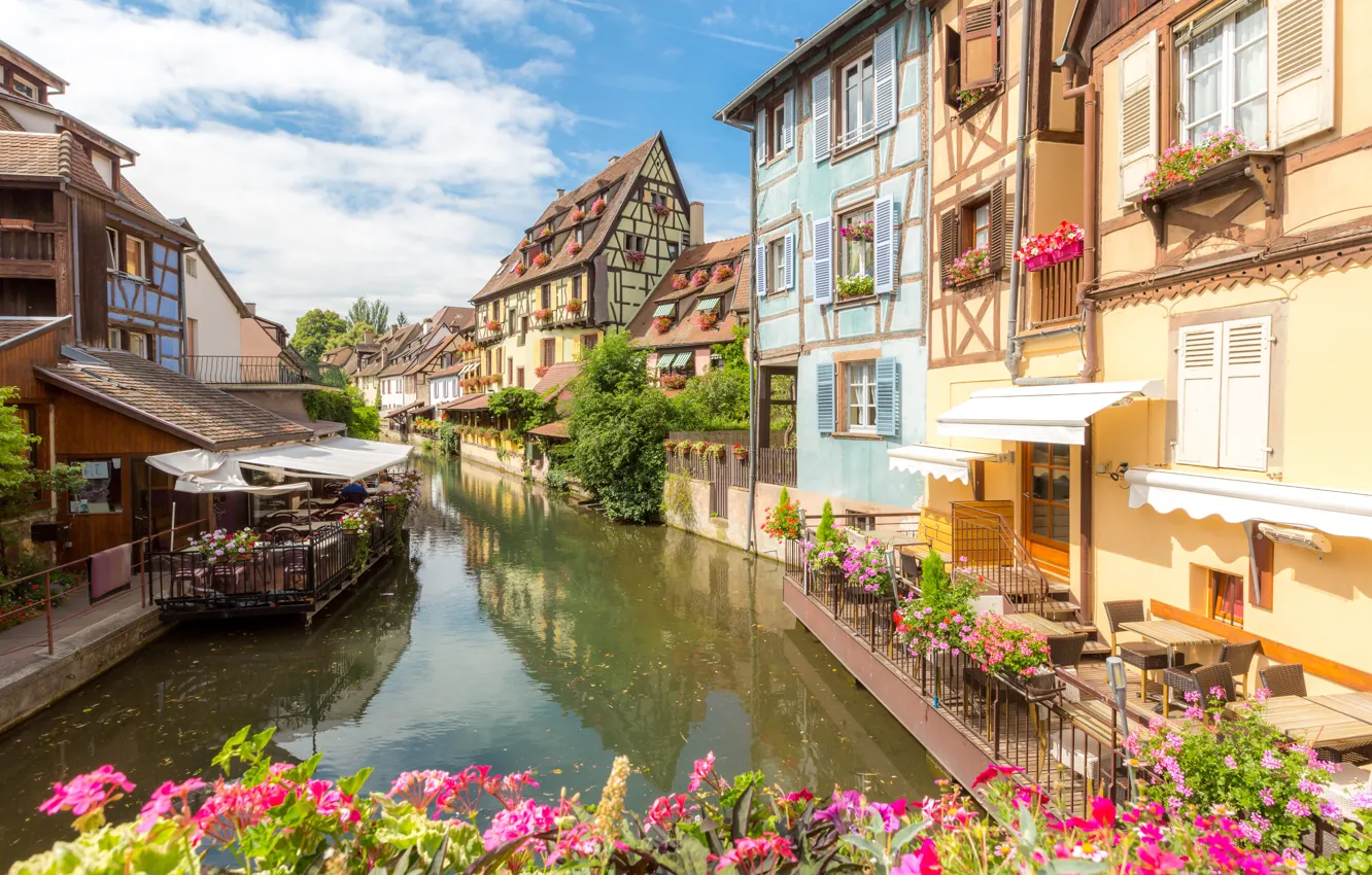 Фото обои река, улица, Франция, дома, France, flowers, street, buildings