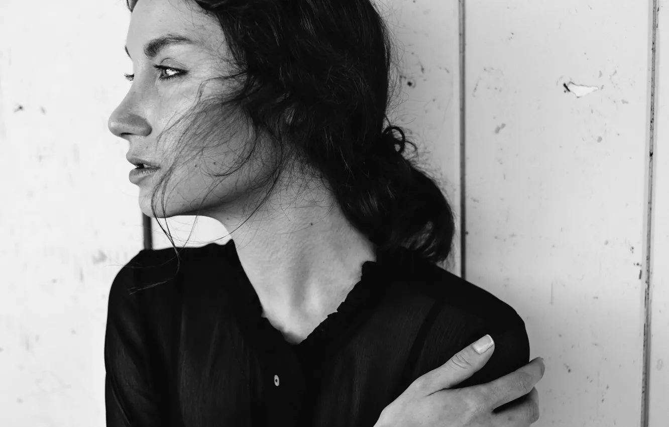 Фото обои девушка, брюнетка, профиль, черно-белое