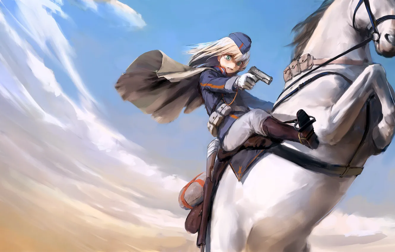 Фото обои девушка, оружие, лошадь