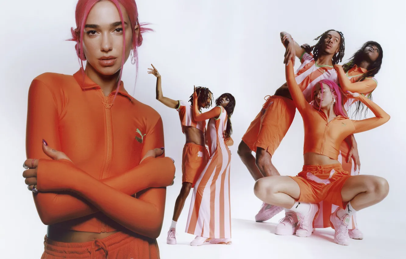 Фото обои движение, белый фон, позы, Пума, Puma, superstar, Dua Lipa, capsule collection