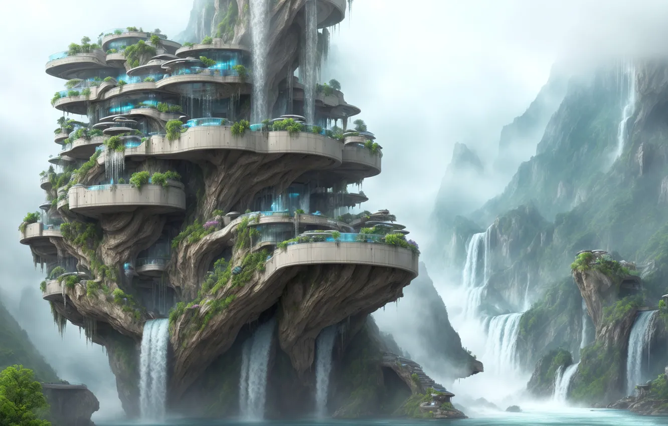 Фото обои future, landscape, art, fog, waterfall, fantastic, digital art, cliff