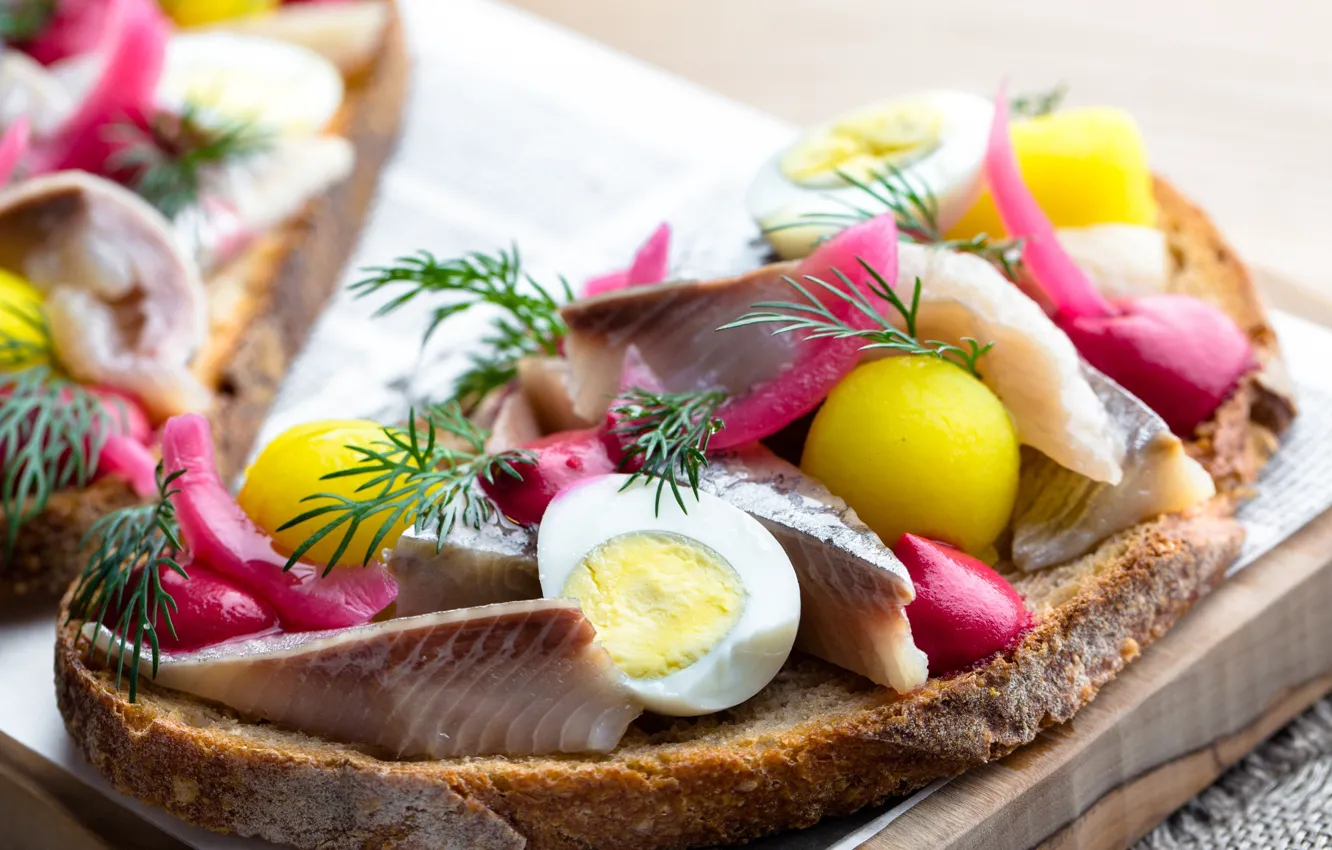 Фото обои яйцо, укроп, хлеб, бутерброд, селедка