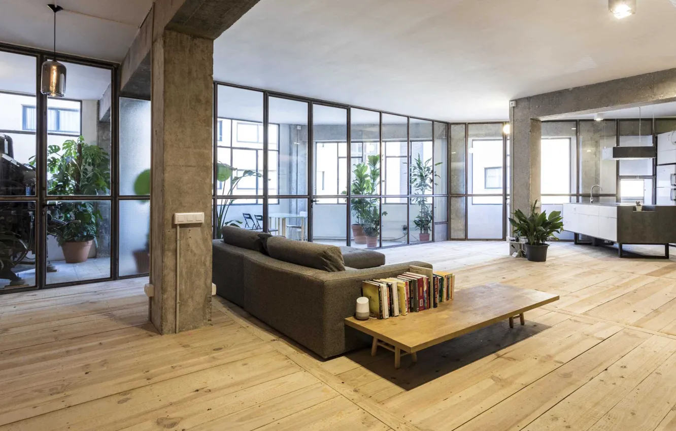 Фото обои дизайн, стиль, интерьер, кухня, гостиная, столовая, Loft in Barcelona, industrial loft apartment