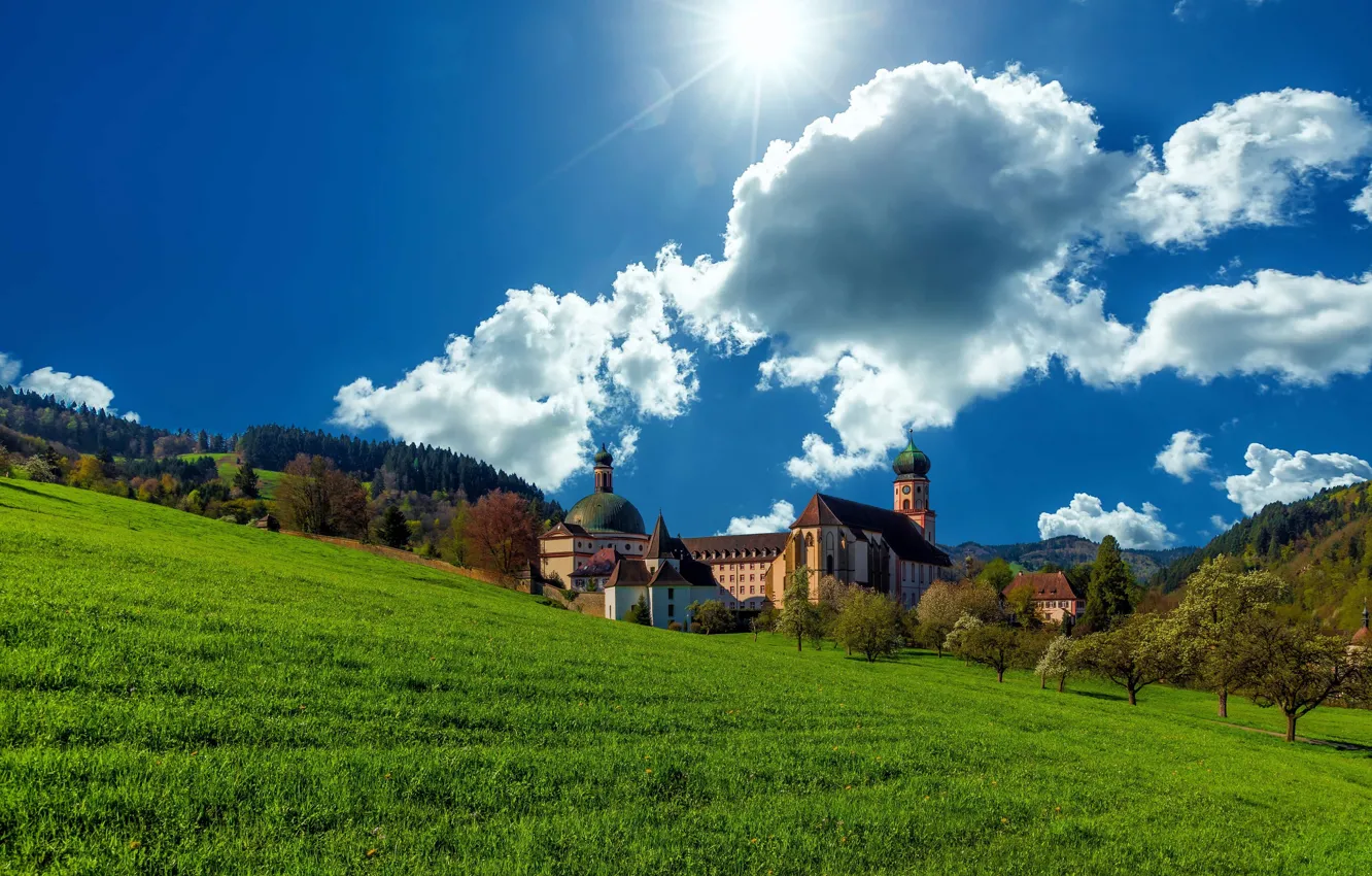 Фото обои небо, облака, Германия, луг, монастырь, Germany, Баден-Вюртемберг, Baden-Württemberg