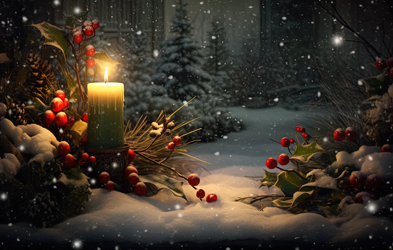 Фото обои зима, снег, украшения, ночь, ягоды, свечи, Новый Год, Рождество