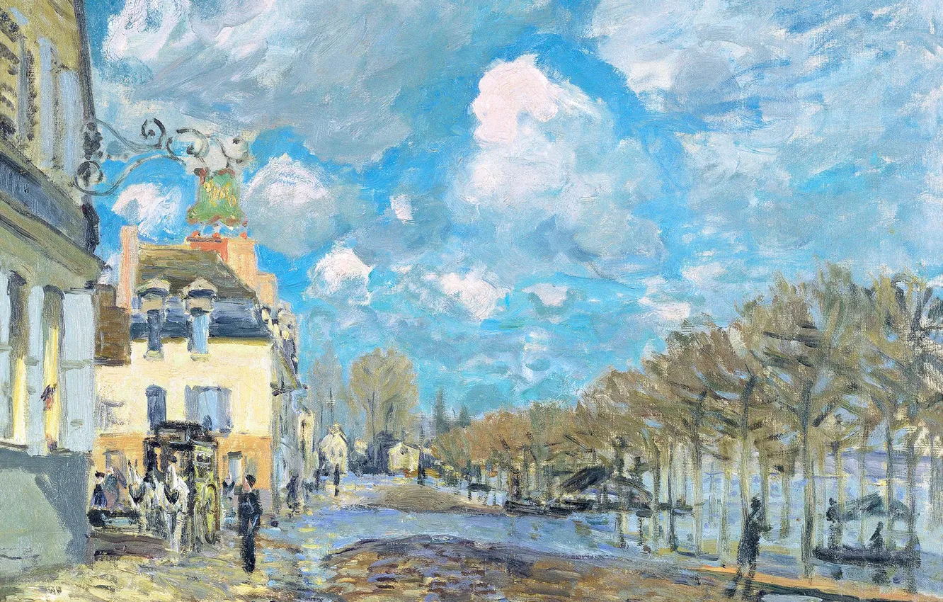 Фото обои небо, облака, картина, весна, наводнение, городок, Alfred Sisley, разлив реки