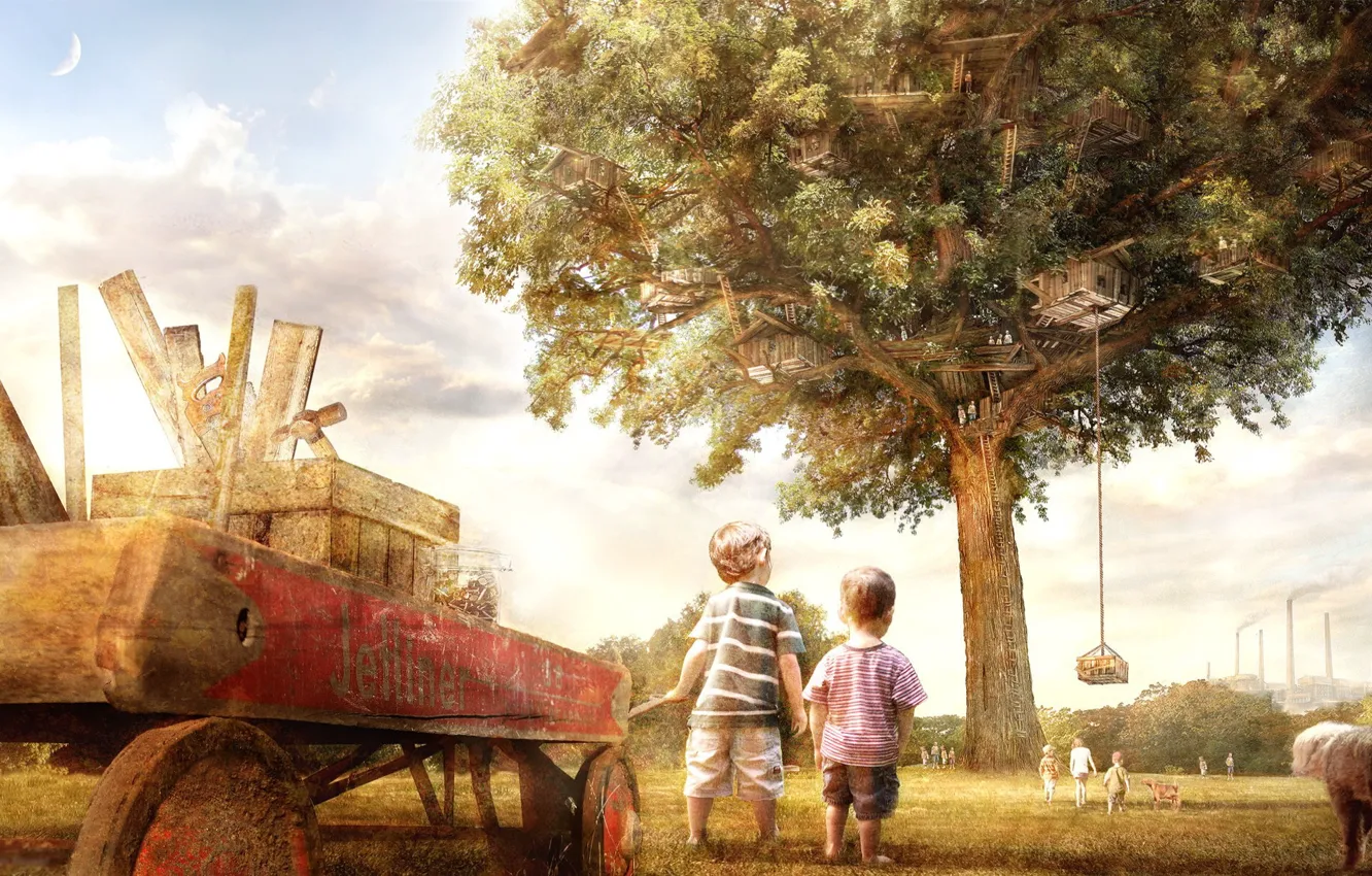 Фото обои дети, дом, Дерево, тележка