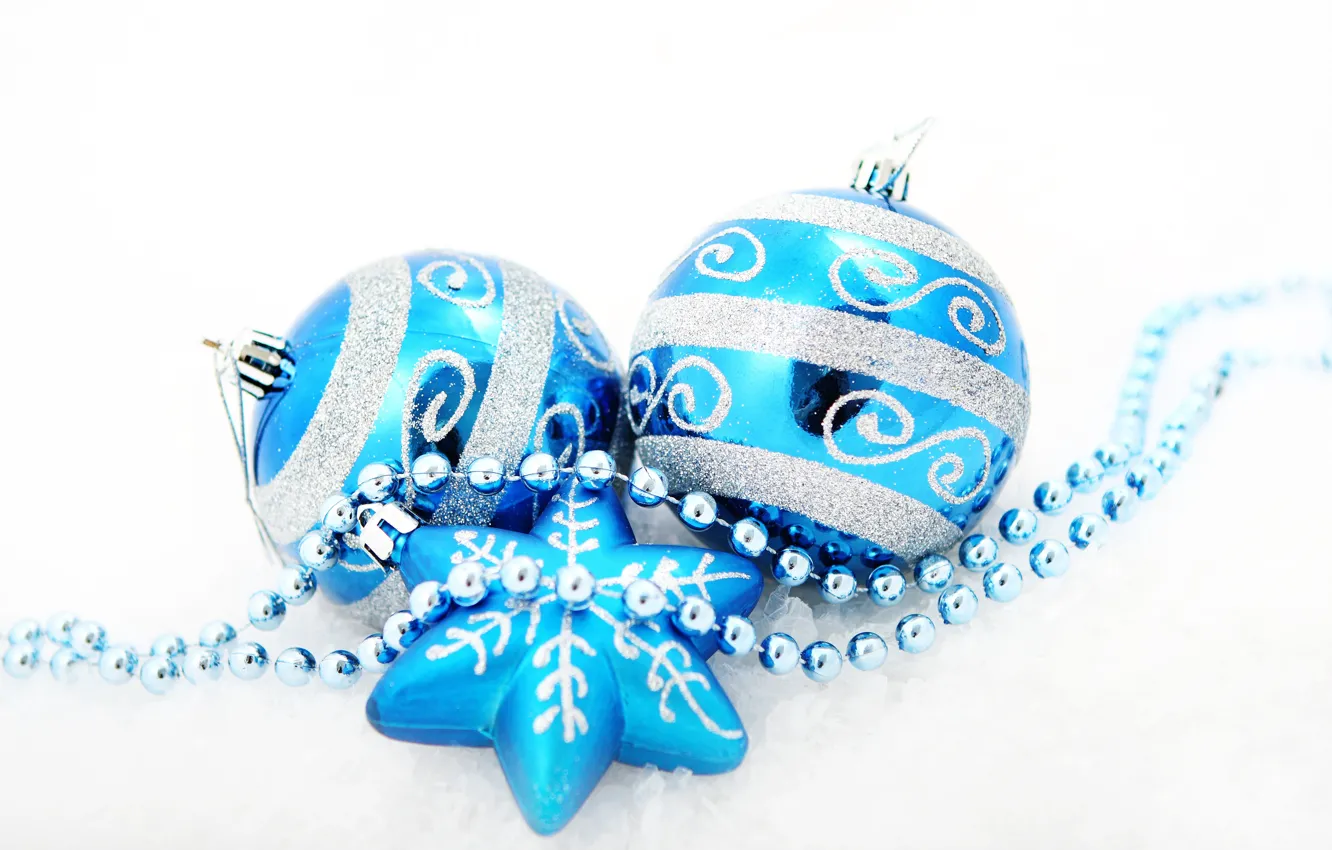 Фото обои шары, бусы, снежинка, звёздочка, ёлочные украшения