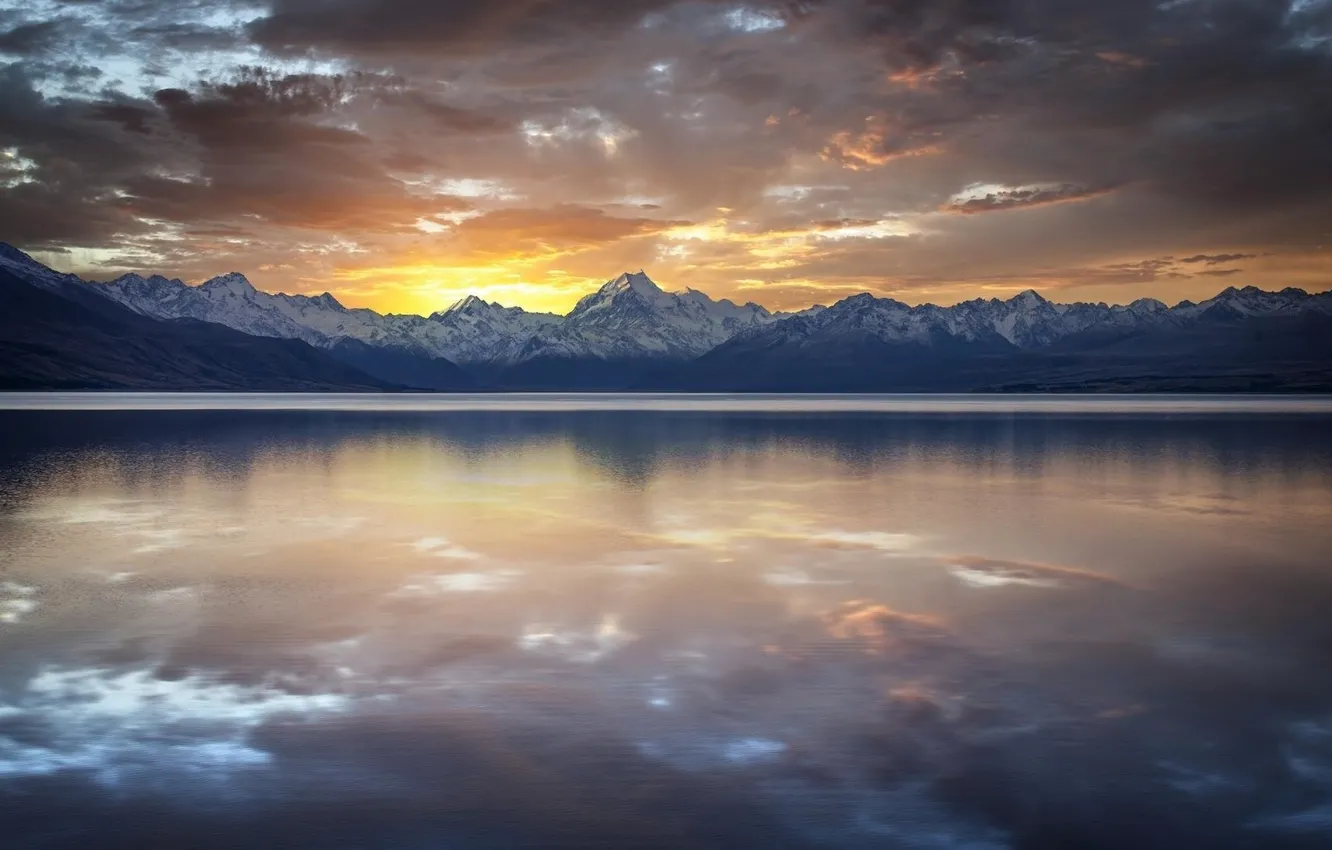 Фото обои Nature, Clouds, Sky, Landscape, Water, Sunset, Mountains, Reflection lake