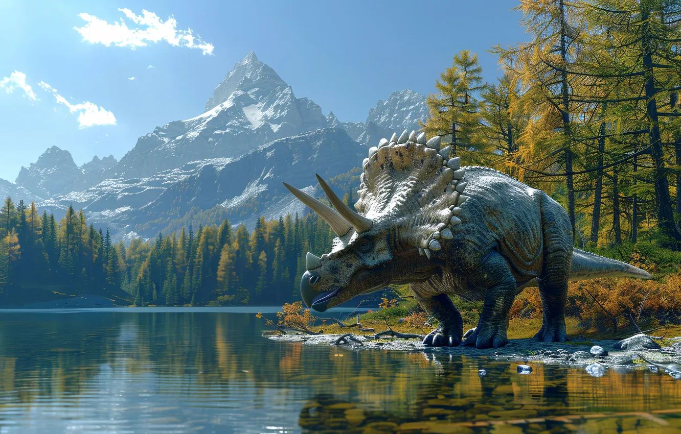 Фото обои вода, деревья, горы, животное, динозавр, рога, Triceratops, цифровое искусство