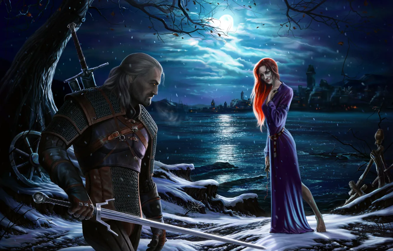 Фото обои девушка, ночь, луна, берег, меч, платье, рыжая, rpg