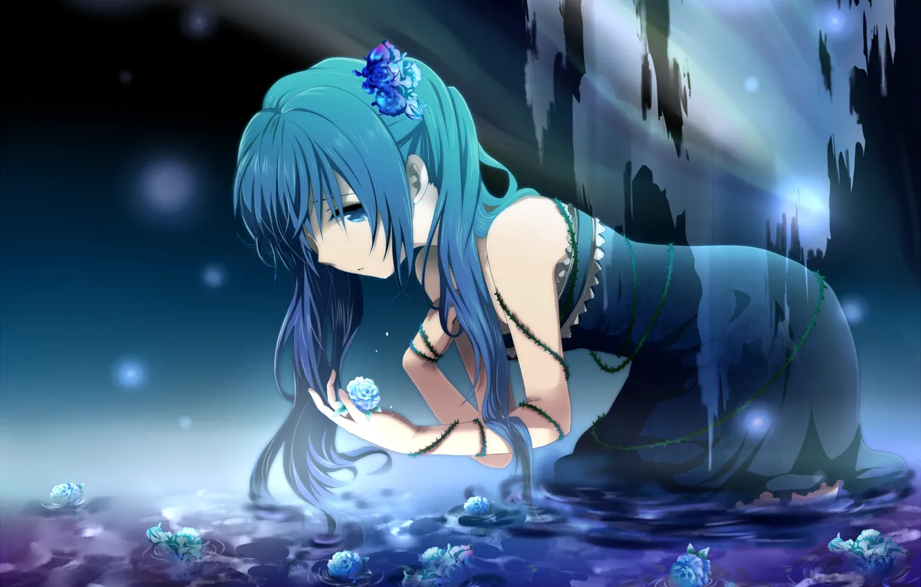 Фото обои вода, девушка, цветы, розы, арт, шипы, vocaloid, hatsune miku