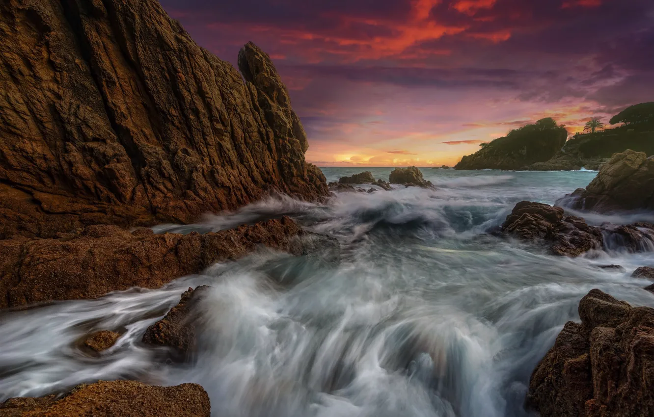 Фото обои море, закат, скалы, Испания, Spain, Каталония, Costa Brava, Catalonia