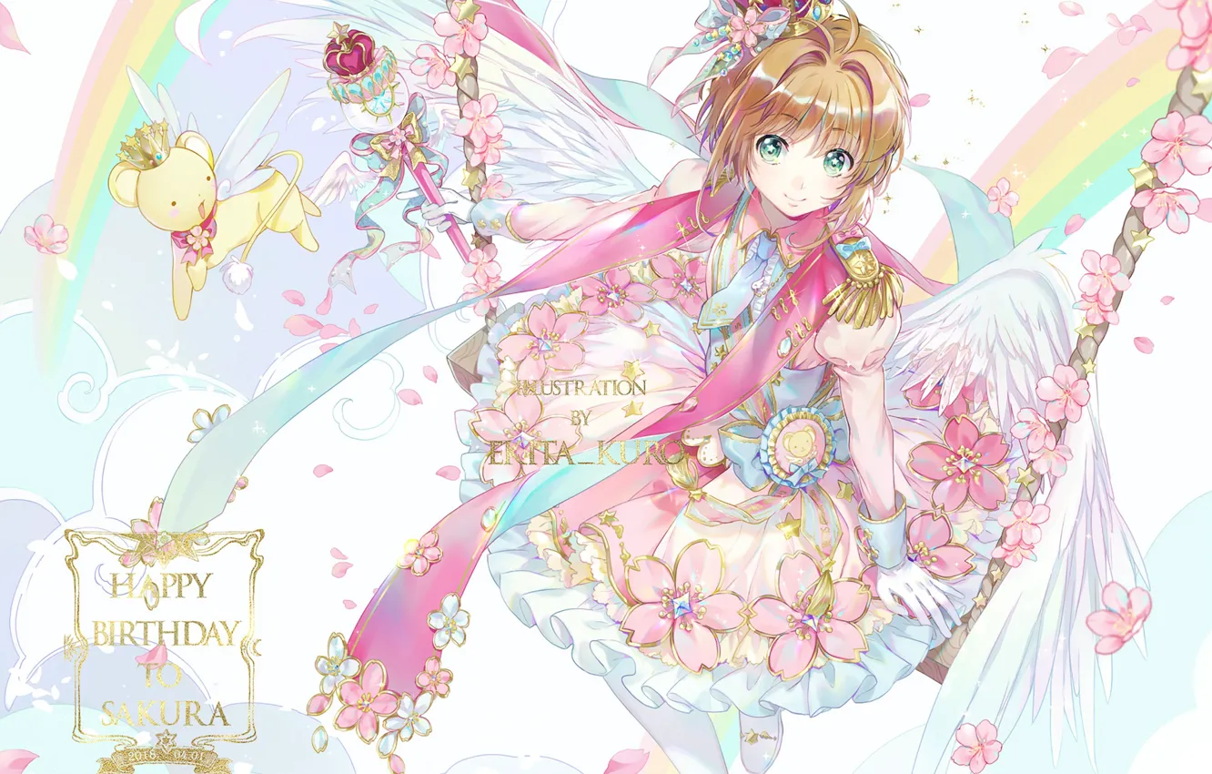 Фото обои цветы, качели, аниме, арт, девочка, Card Captor Sakura