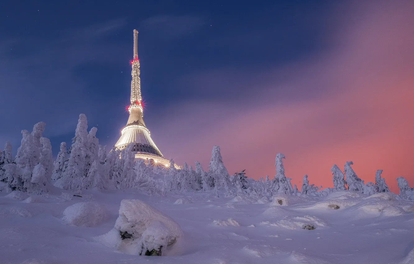 Фото обои зима, снег, деревья, пейзаж, ночь, природа, ели, Чехия