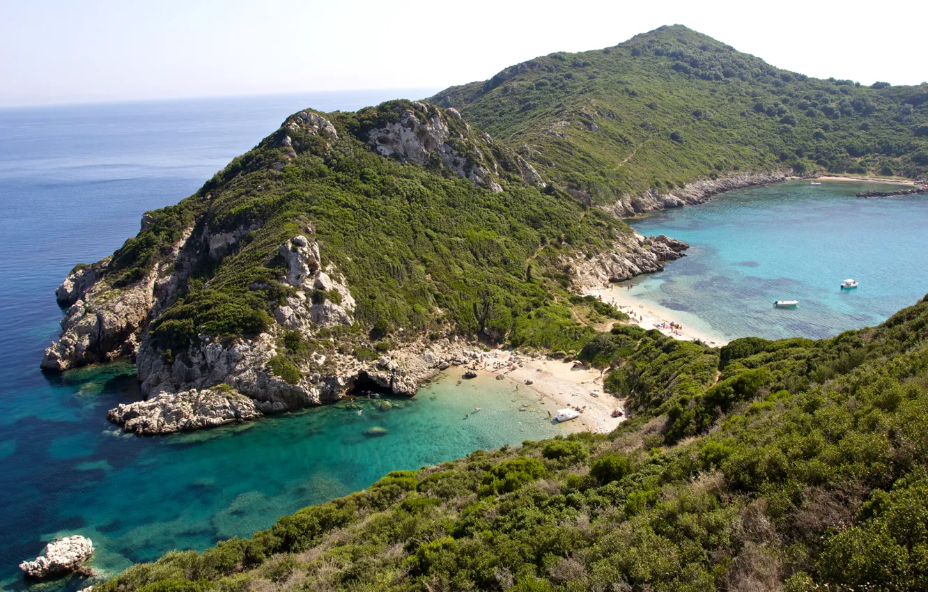 Фото обои море, камни, скалы, побережье, Греция, горизонт, Corfu