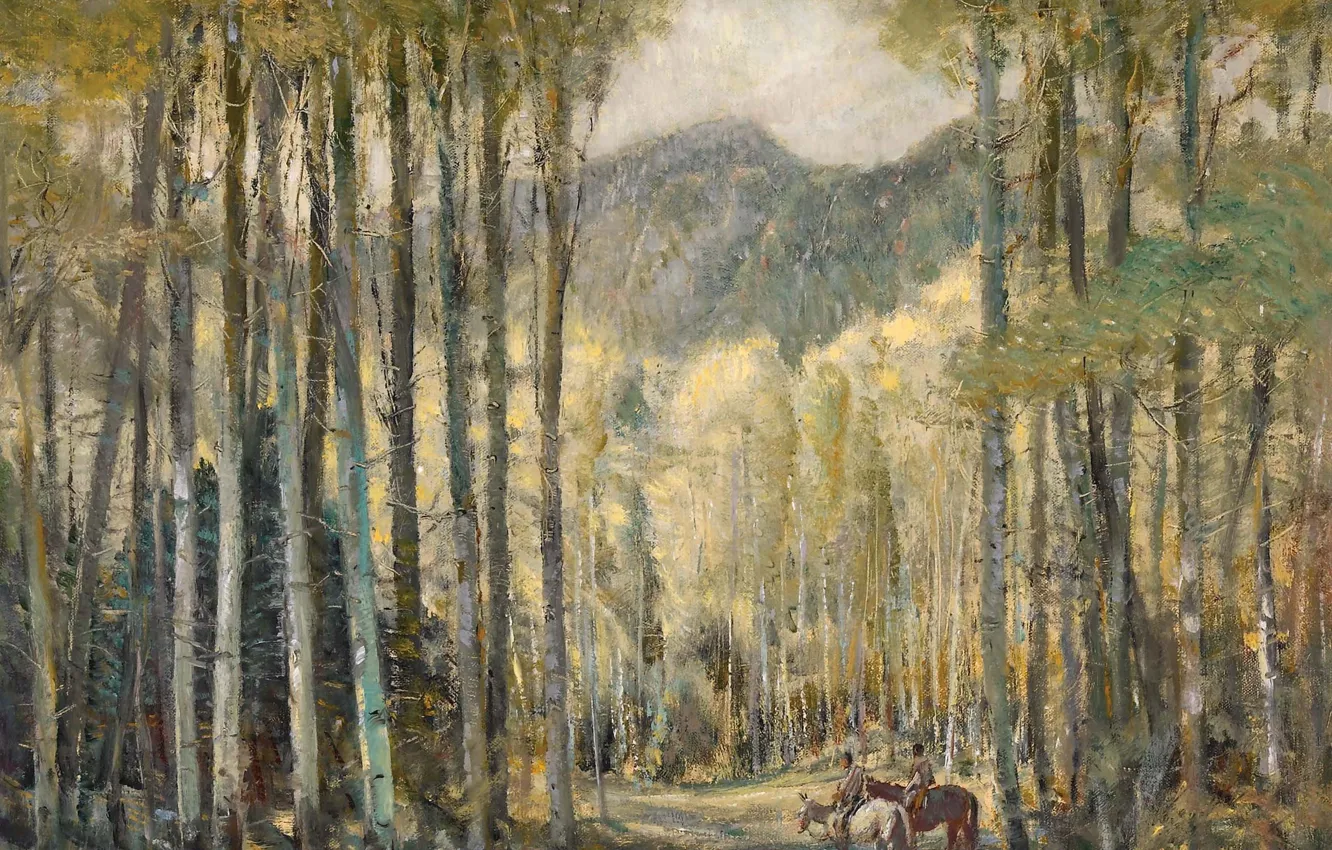 Фото обои дорога, лес, деревья, горы, лошади, Oscar Edmund Berninghaus, In the Forest