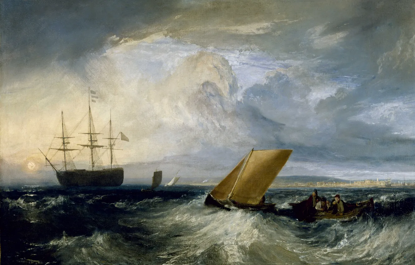 Фото обои море, шторм, лодка, корабль, картина, парус, морской пейзаж, Уильям Тёрнер