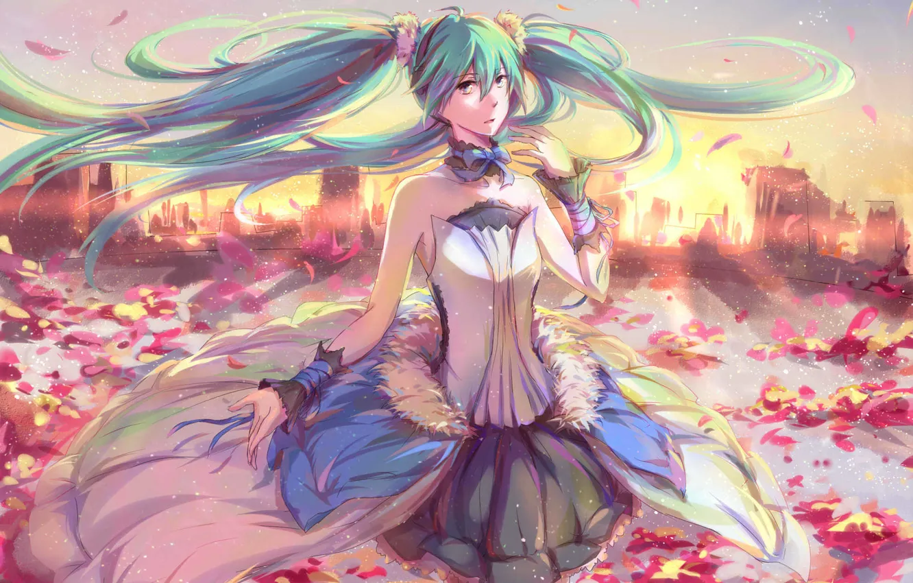 Фото обои девушка, цветы, город, vocaloid, hatsune miku, жест, вокалоид, art